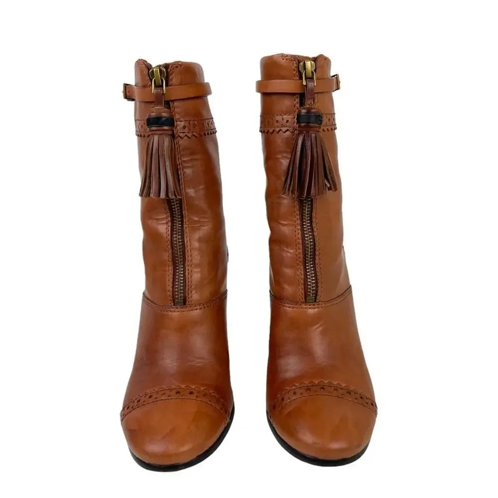 TORY BURCH Womens Size 8 Huxley Brown Leather Ankle Boots Tassel Zipper Shoes